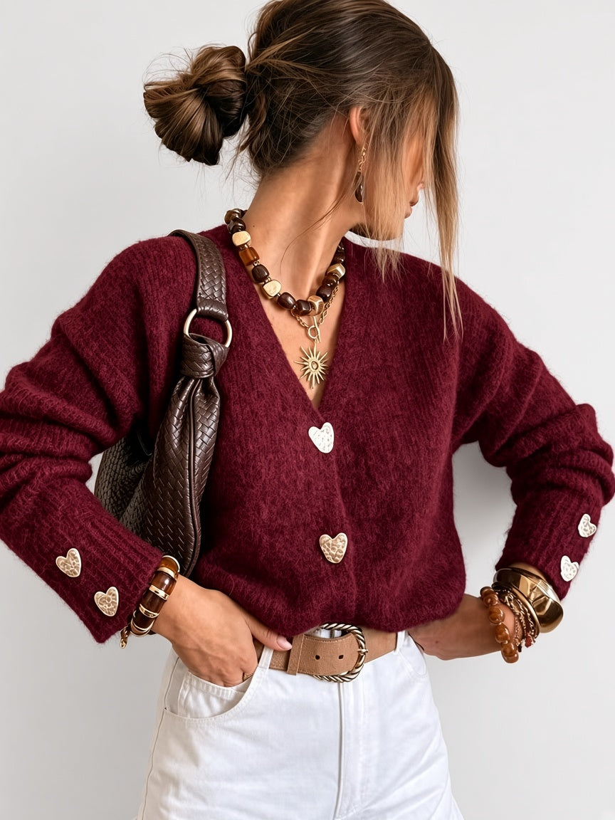 Women's V Neck Knitted Cardigan with Heart Shaped Button Front in Burgundy – Front View