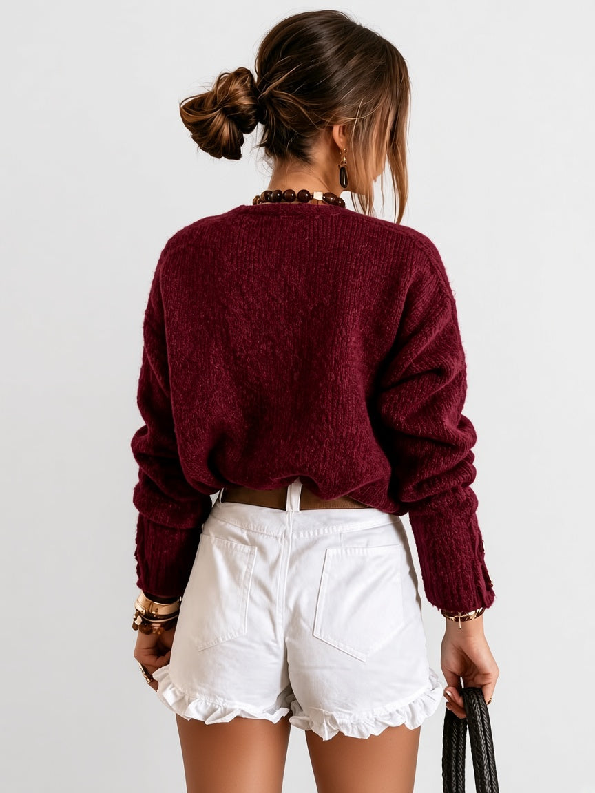 Women's V Neck Knitted Cardigan with Heart Shaped Button Front in Burgundy – Back View