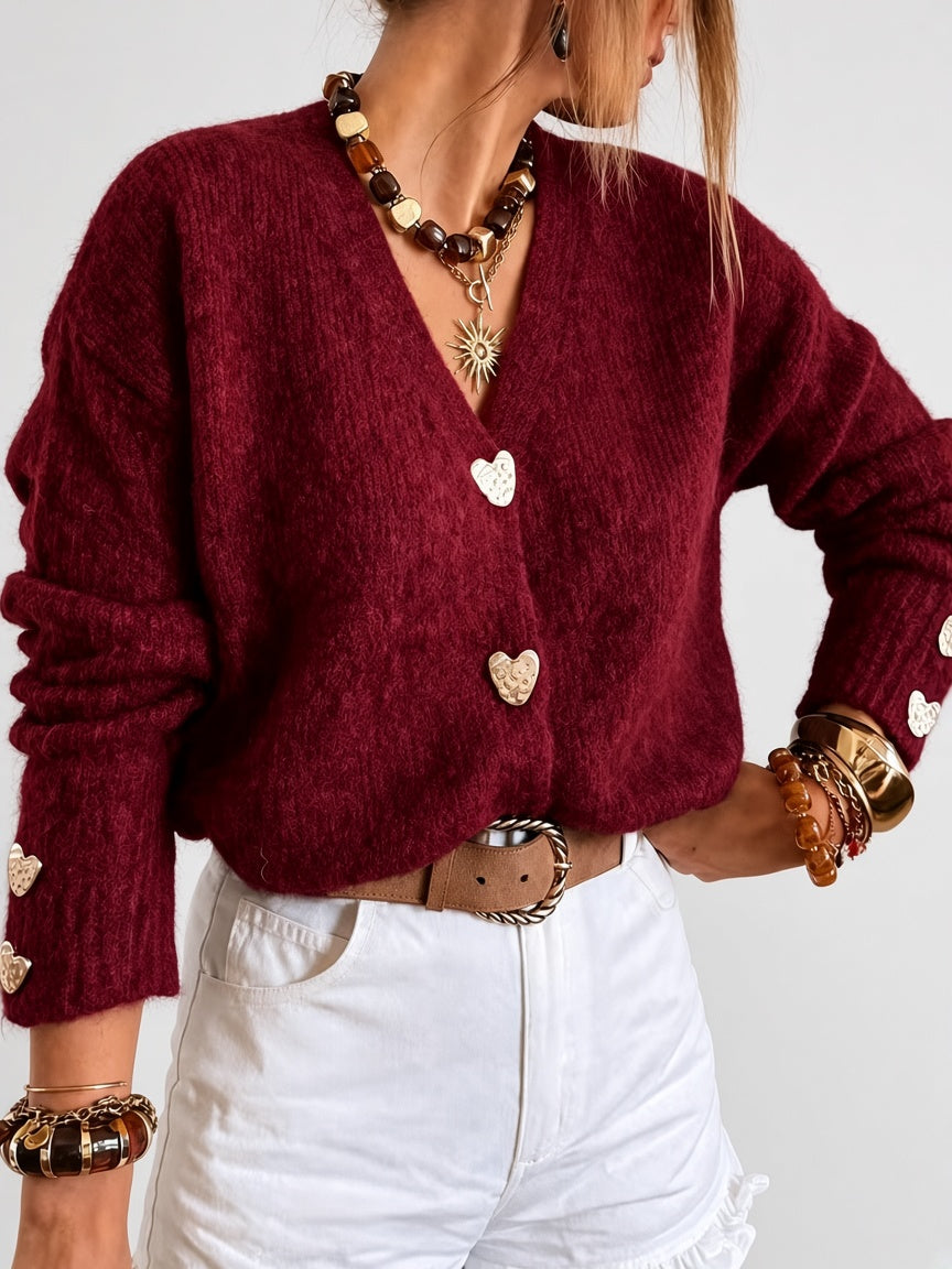 Women's V Neck Knitted Cardigan with Heart Shaped Button Front in Burgundy – Detail