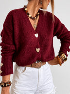 Women's V Neck Knitted Cardigan with Heart Shaped Button Front in Burgundy – Detail