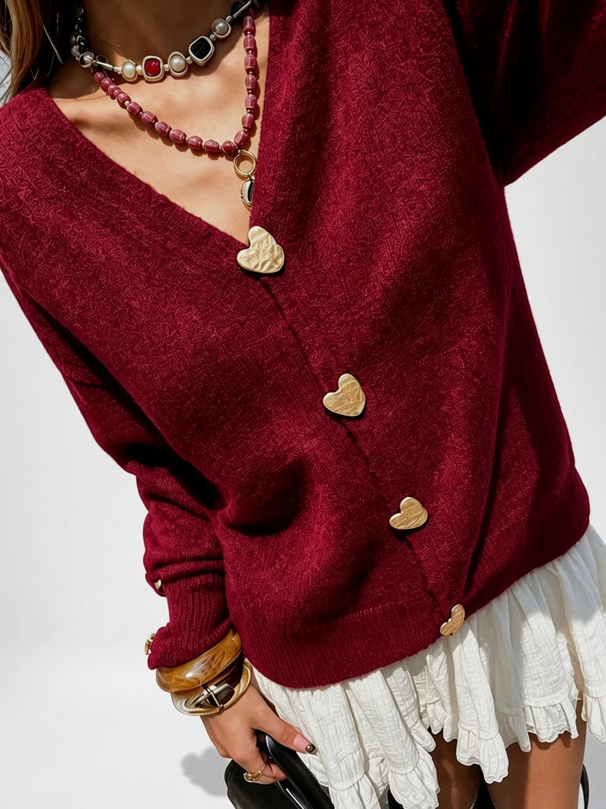 Women's V Neck Knitted Cardigan with Heart Shaped Button Front in Burgundy – Detail
