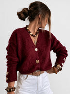 Women's V Neck Knitted Cardigan with Heart Shaped Button Front in Burgundy – Front View