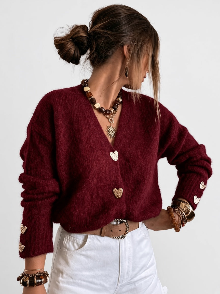 Women's V Neck Knitted Cardigan with Heart Shaped Button Front in Burgundy – Front View