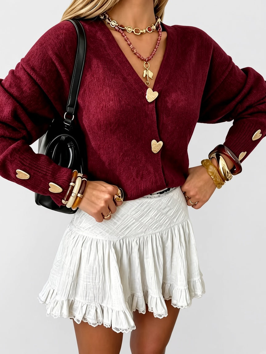 Women's V Neck Knitted Cardigan with Heart Shaped Button Front in Burgundy – Front View