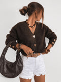 Women's V Neck Knitted Cardigan with Heart Shaped Button Front in Dark Brown – Front View