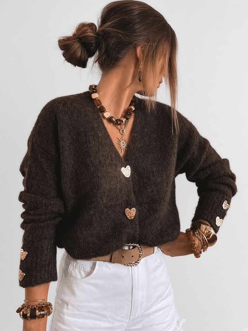 Women's V Neck Knitted Cardigan with Heart Shaped Button Front in Dark Brown – Front View