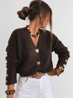 Women's V Neck Knitted Cardigan with Heart Shaped Button Front in Dark Brown – Front View