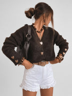 Women's V Neck Knitted Cardigan with Heart Shaped Button Front in Dark Brown – Front View