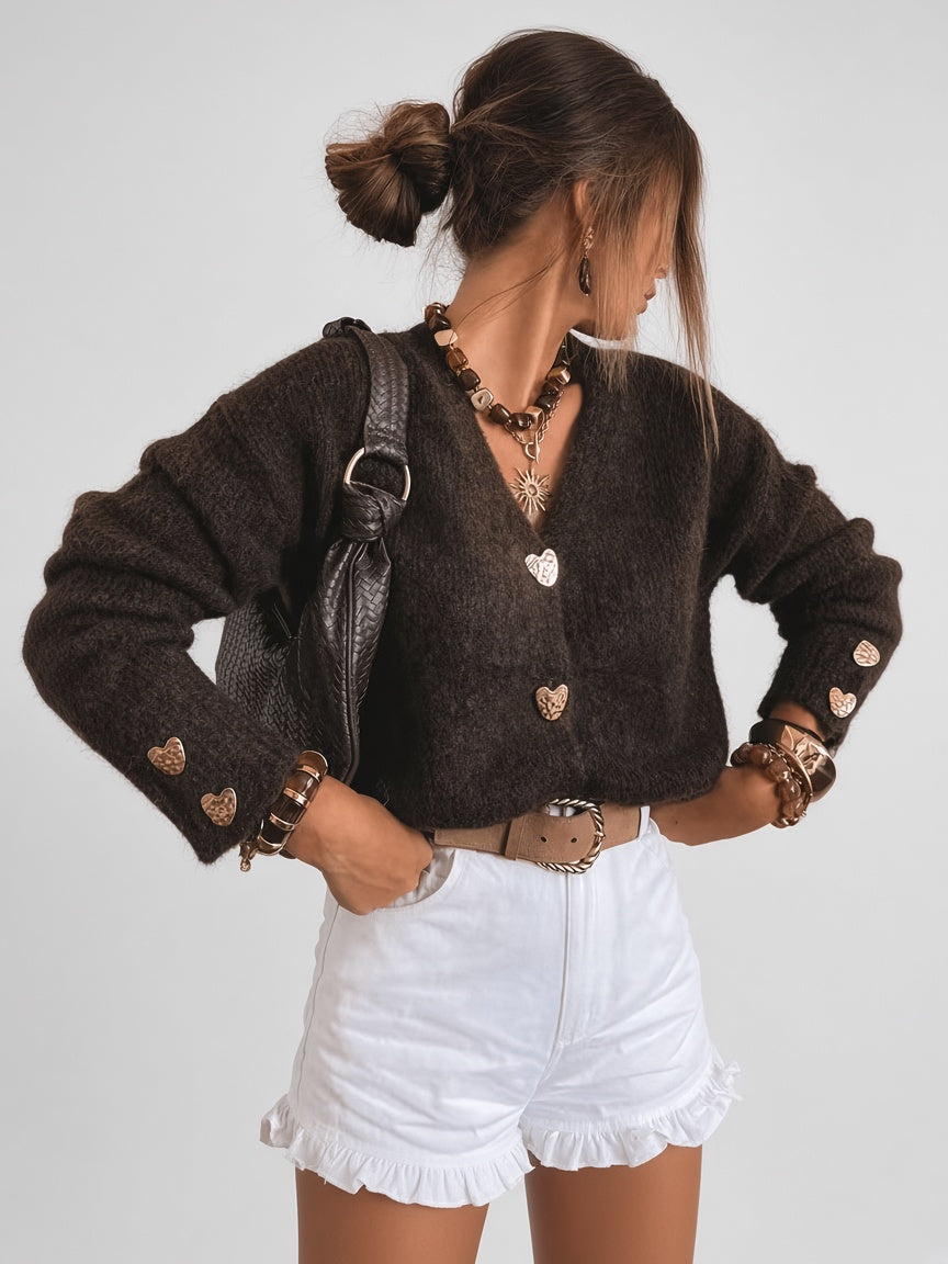 Women's V Neck Knitted Cardigan with Heart Shaped Button Front in Dark Brown – Front View