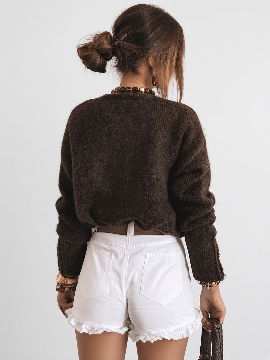 Women's V Neck Knitted Cardigan with Heart Shaped Button Front in Dark Brown – Back View