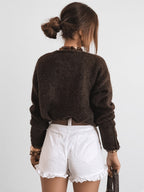 Women's V Neck Knitted Cardigan with Heart Shaped Button Front in Dark Brown – Back View