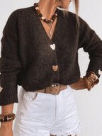 Women's V Neck Knitted Cardigan with Heart Shaped Button Front in Dark Brown – Detail