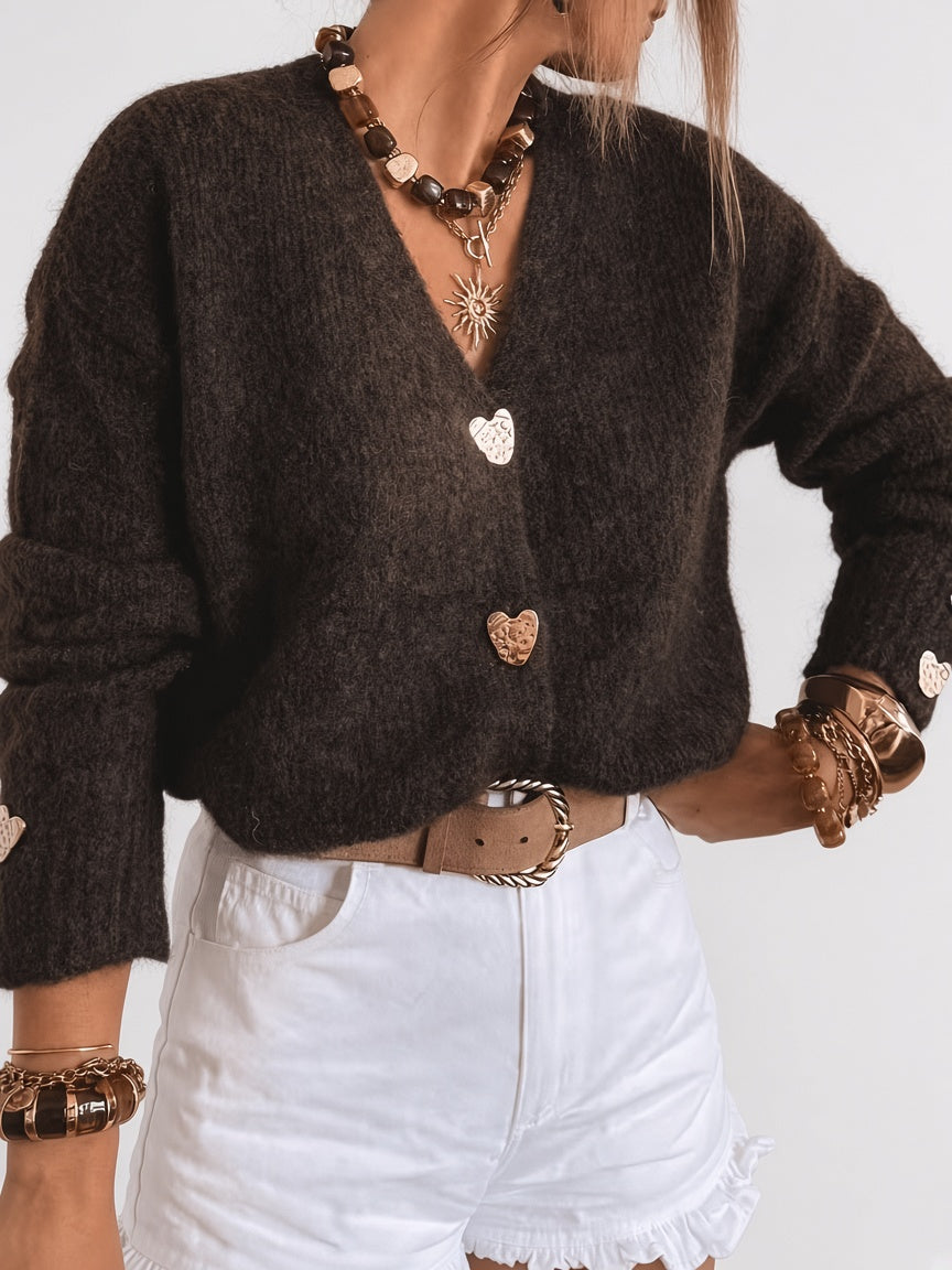 Women's V Neck Knitted Cardigan with Heart Shaped Button Front in Dark Brown – Detail