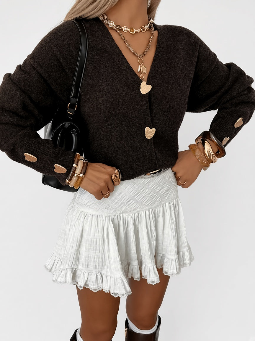 Women's V Neck Knitted Cardigan with Heart Shaped Button Front in Dark Brown – Front View