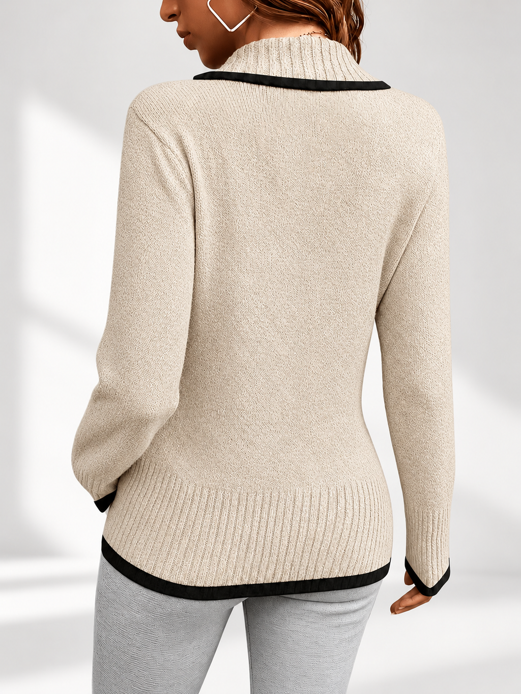 Women's V-Neck Knitted Jumper with Contrast Trim & Side Buttons in Apricot – view 2
