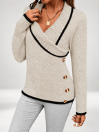 Women's V-Neck Knitted Jumper with Contrast Trim & Side Buttons in Apricot – view 5