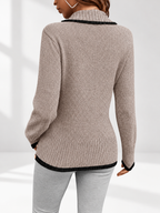 Women's V-Neck Knitted Jumper with Contrast Trim & Side Buttons in Khaki – view 2