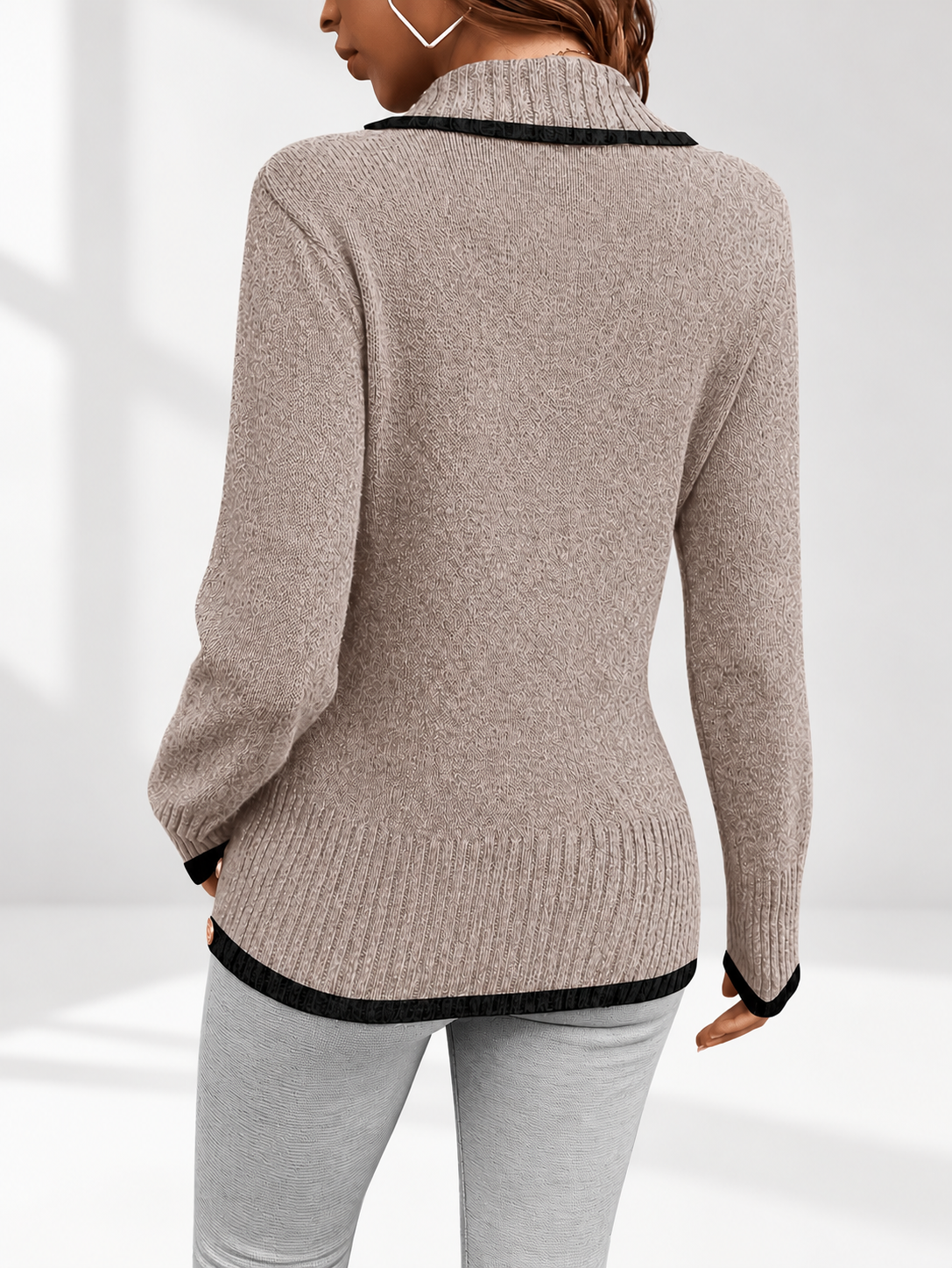Women's V-Neck Knitted Jumper with Contrast Trim & Side Buttons in Khaki – view 2