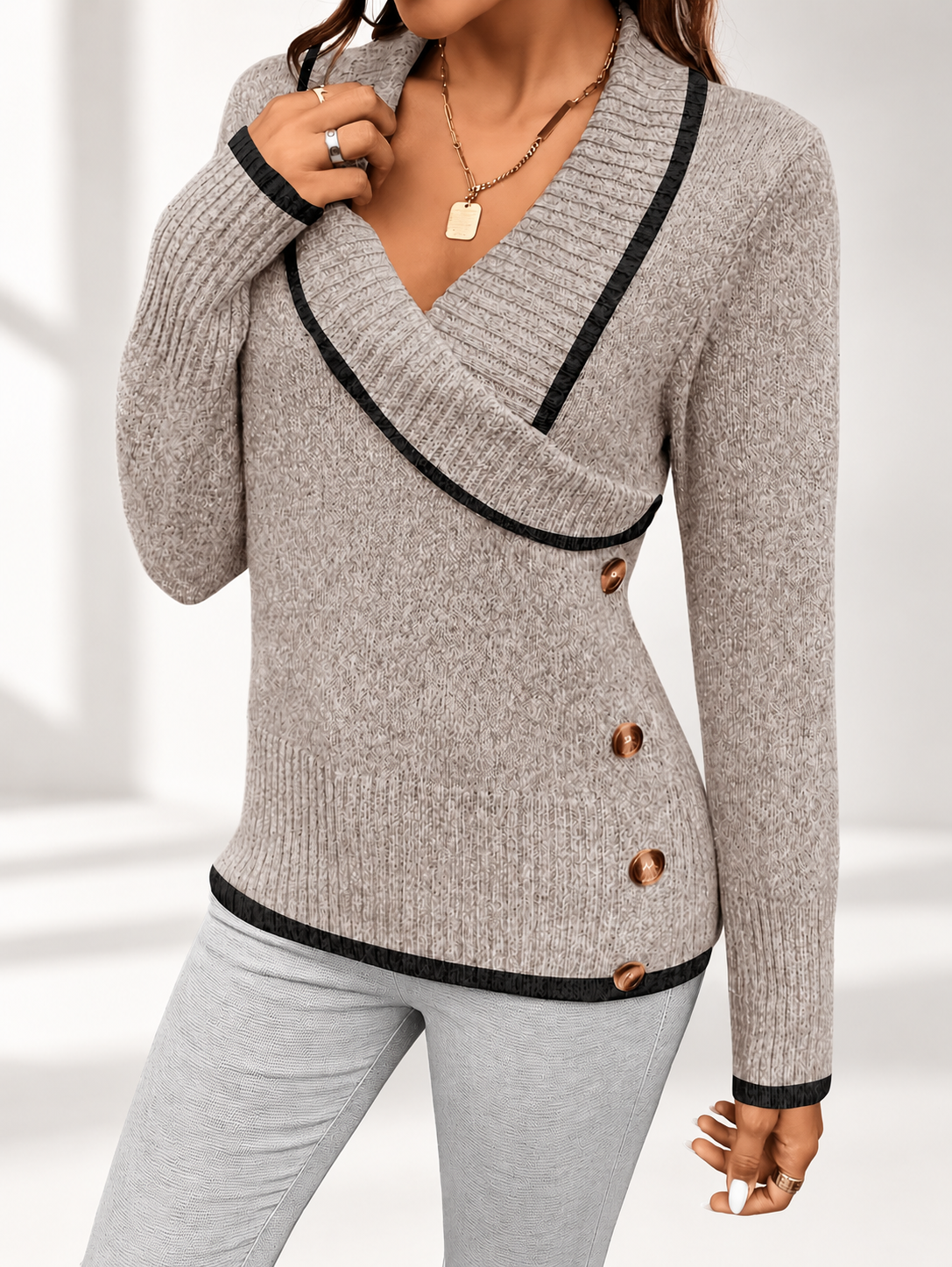 Women's V-Neck Knitted Jumper with Contrast Trim & Side Buttons in Khaki – view 3