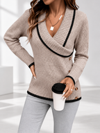 Women's V-Neck Knitted Jumper with Contrast Trim & Side Buttons in Khaki – view 4