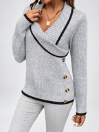 Women's V-Neck Knitted Jumper with Contrast Trim & Side Buttons in Light Grey – view 2