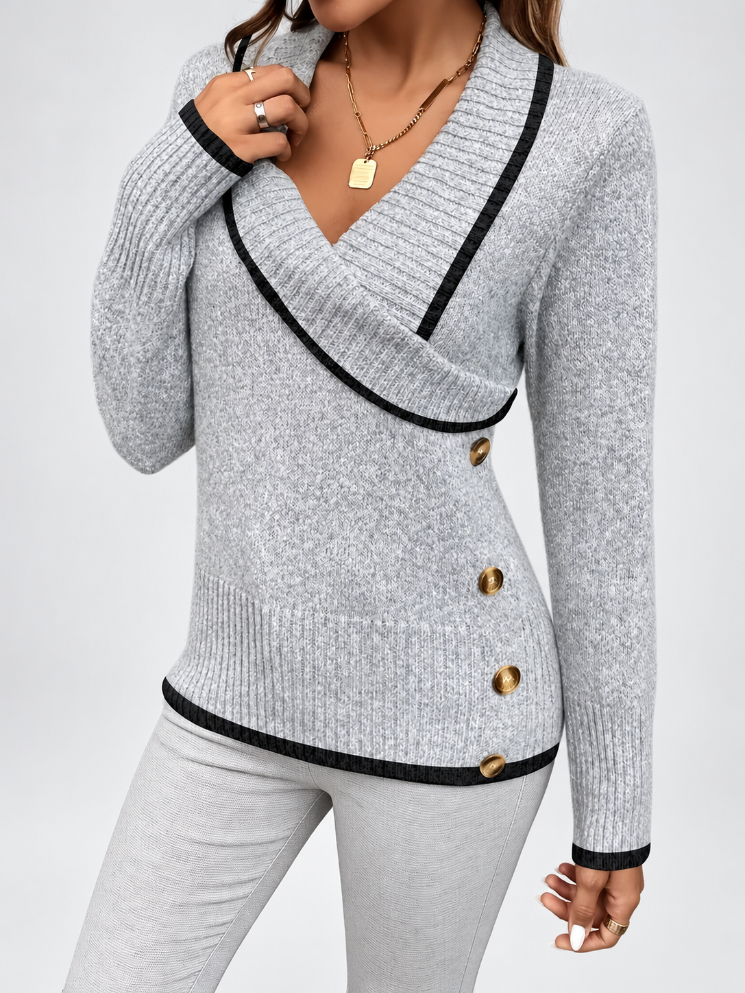 Women's V-Neck Knitted Jumper with Contrast Trim & Side Buttons in Light Grey – view 2