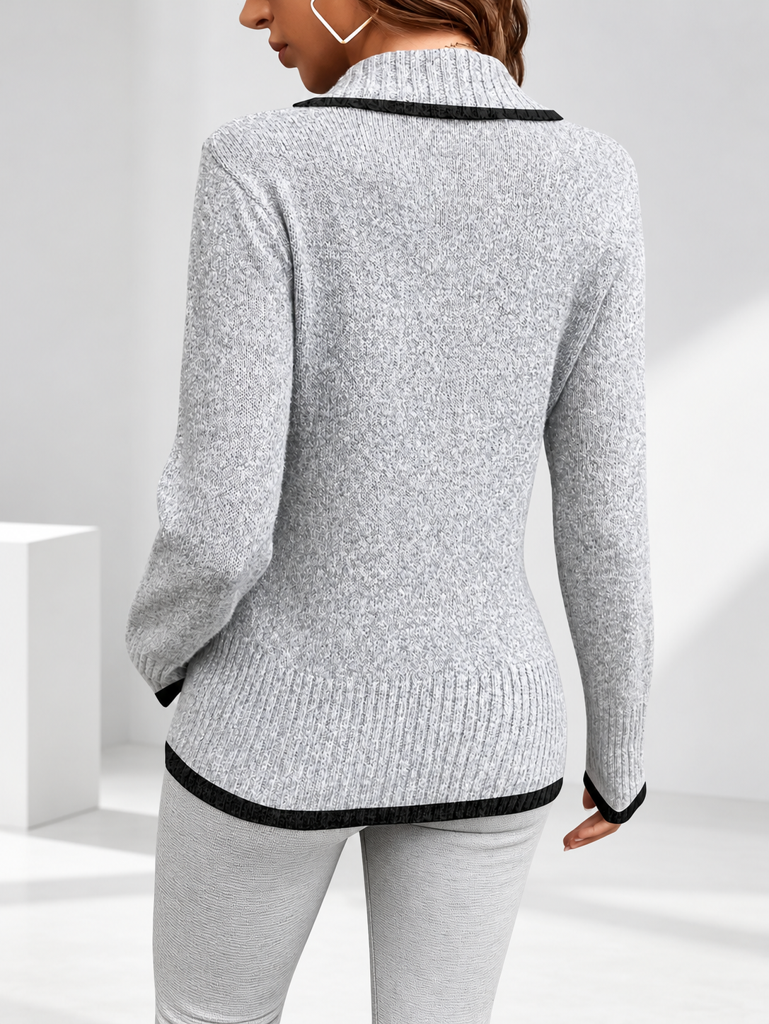 Women's V-Neck Knitted Jumper with Contrast Trim & Side Buttons in Light Grey – view 5