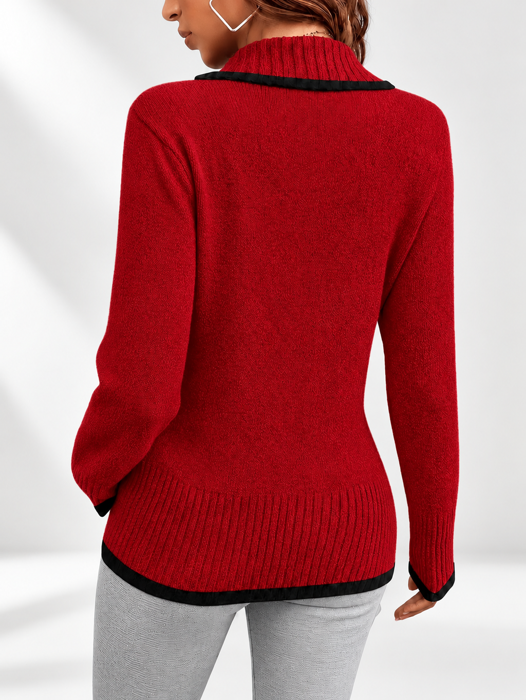 Women's V-Neck Knitted Jumper with Contrast Trim & Side Buttons in Red – view 2