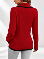 Women's V-Neck Knitted Jumper with Contrast Trim & Side Buttons in Red – view 2