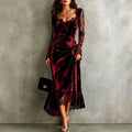Women's burgundy velvet midi dress with lace sleeves and a ruched waist