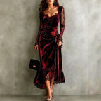 Women's burgundy velvet midi dress with lace sleeves and a ruched waist
