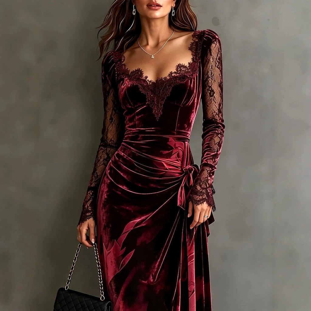 Women's burgundy velvet midi dress with lace sleeves and a ruched waist