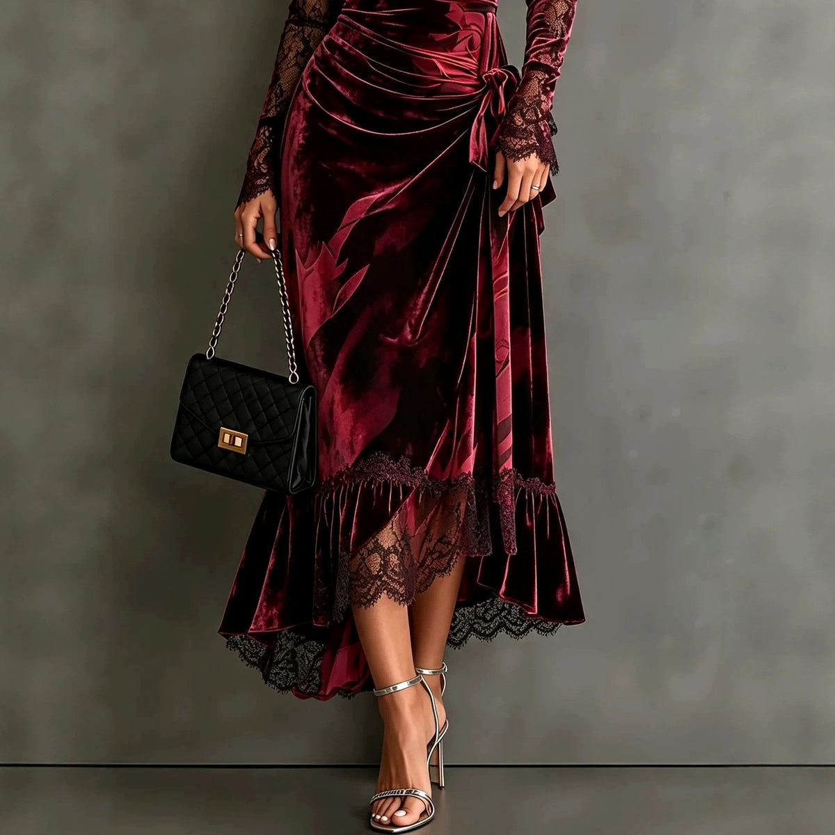Women's burgundy velvet midi dress with lace sleeves and a ruched waist