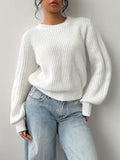 Women's Waffle Knit Jumper with Crew Neck and Balloon Sleeves