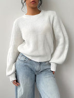 Women's Waffle Knit Jumper with Crew Neck and Balloon Sleeves