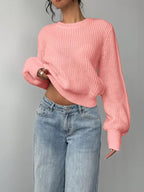 Women's Waffle Knit Jumper with Crew Neck and Balloon Sleeves