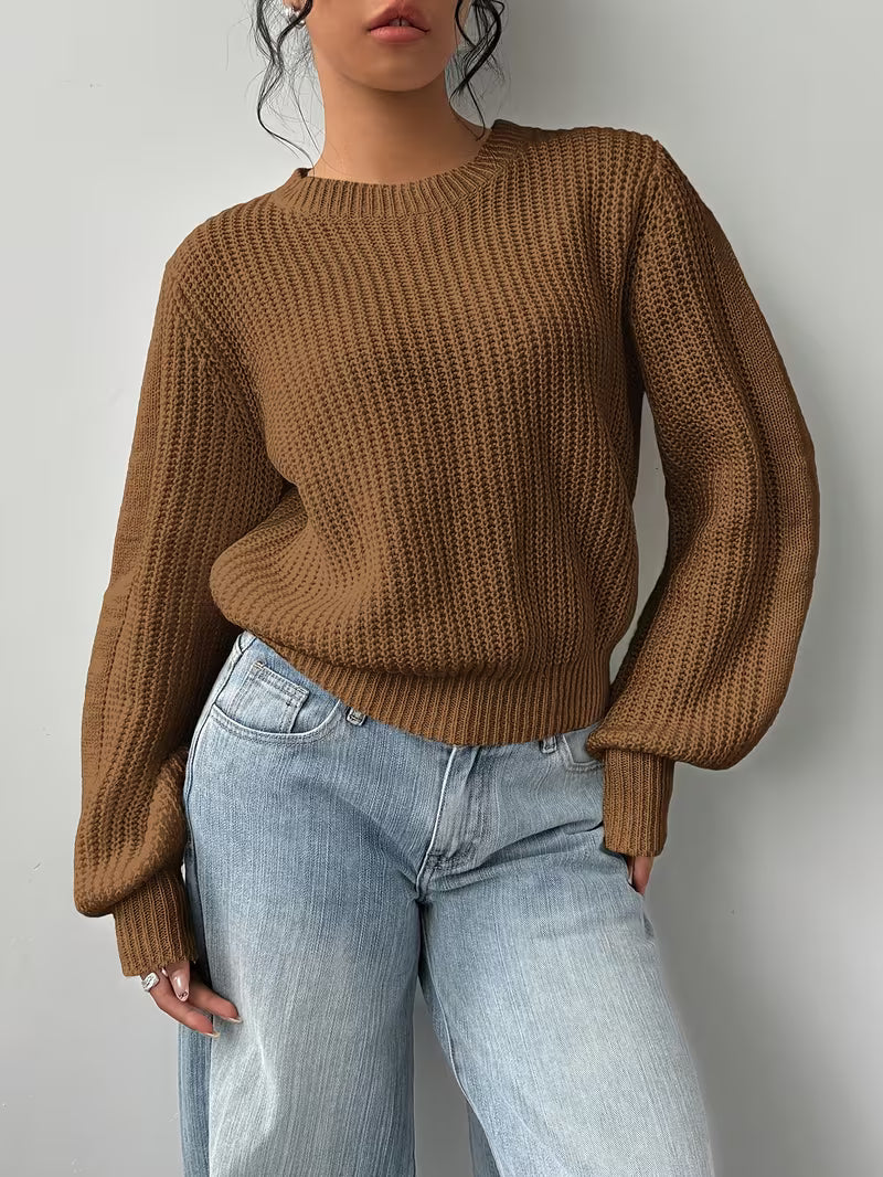 Women's Waffle Knit Jumper with Crew Neck and Balloon Sleeves