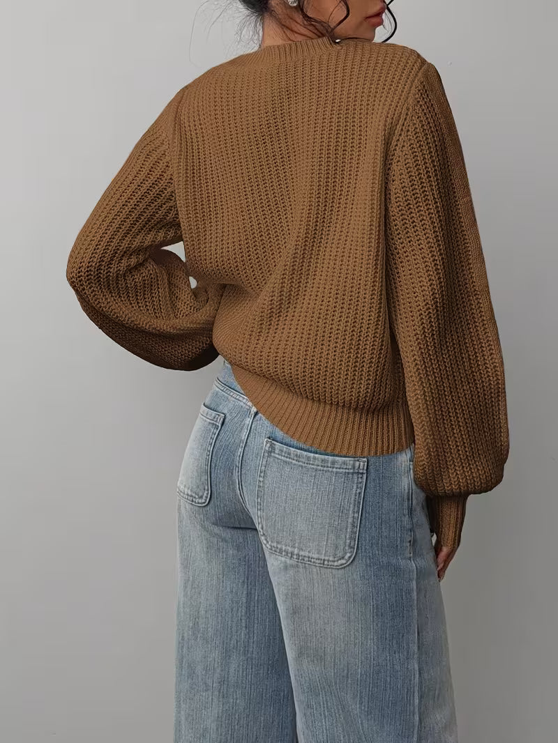 Women's Waffle Knit Jumper with Crew Neck and Balloon Sleeves