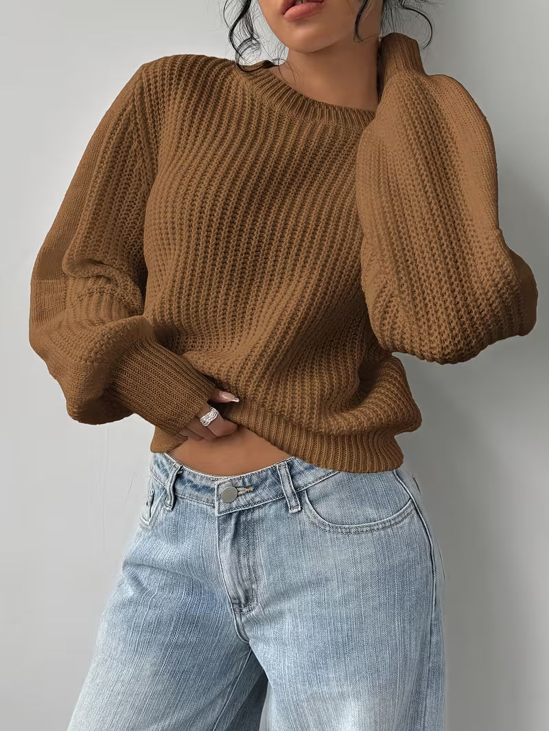 Women's Waffle Knit Jumper with Crew Neck and Balloon Sleeves