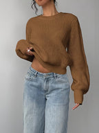 Women's Waffle Knit Jumper with Crew Neck and Balloon Sleeves