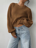 Women's Waffle Knit Jumper with Crew Neck and Balloon Sleeves