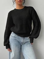 Women's Waffle Knit Jumper with Crew Neck and Balloon Sleeves