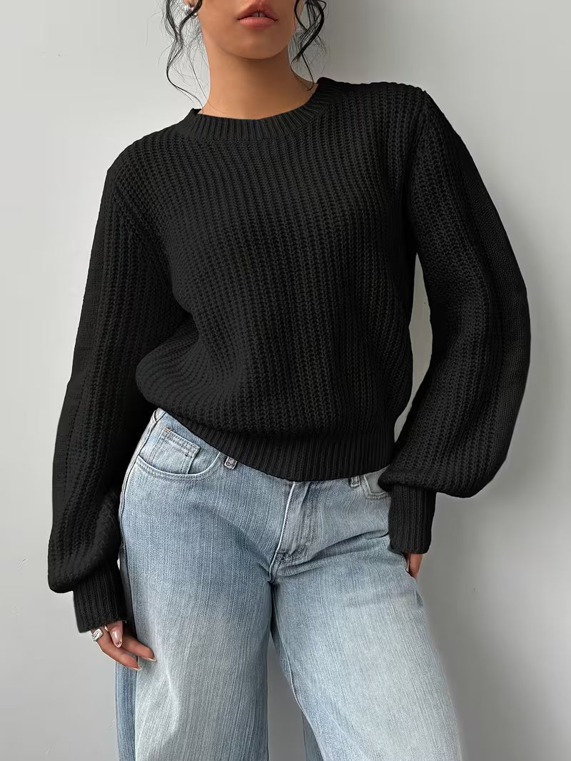 Women's Waffle Knit Jumper with Crew Neck and Balloon Sleeves