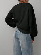 Women's Waffle Knit Jumper with Crew Neck and Balloon Sleeves