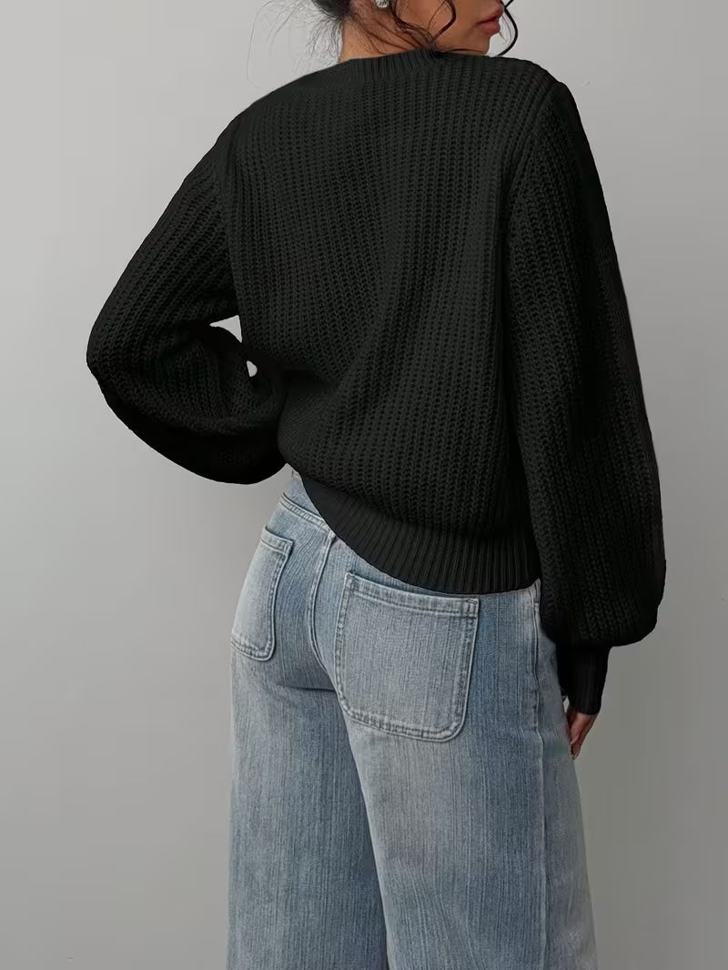 Women's Waffle Knit Jumper with Crew Neck and Balloon Sleeves