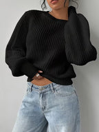 Women's Waffle Knit Jumper with Crew Neck and Balloon Sleeves