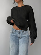 Women's Waffle Knit Jumper with Crew Neck and Balloon Sleeves