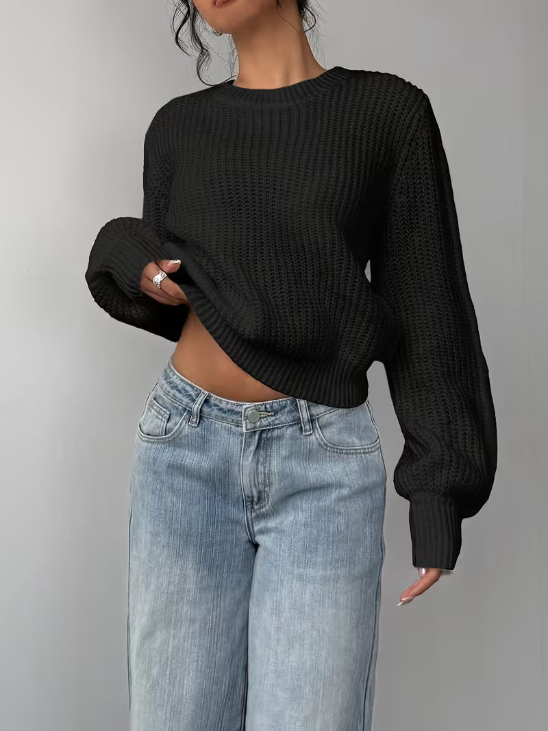 Women's Waffle Knit Jumper with Crew Neck and Balloon Sleeves