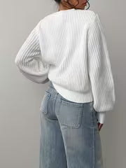 Women's Waffle Knit Jumper with Crew Neck and Balloon Sleeves