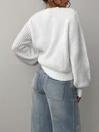 Women's Waffle Knit Jumper with Crew Neck and Balloon Sleeves